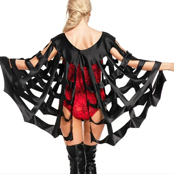 Black Wet Look Spider Web Cut Out Design Poncho (OS) (Costume Idea In Listings) - Picture 5 of 8